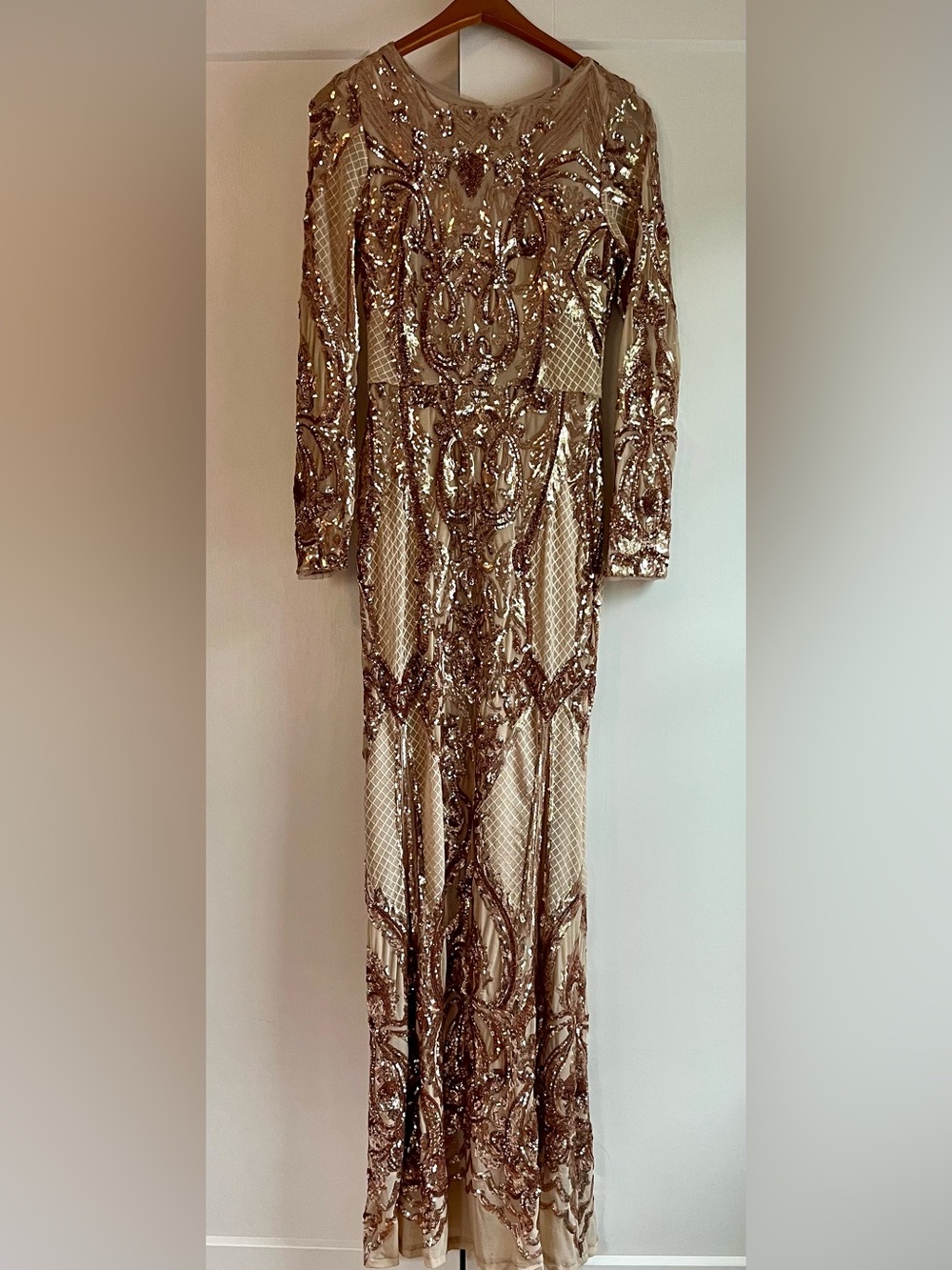 Betsy & Adam Gold Sequin Long Sleeve Evening Gown